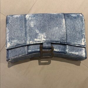 Balenciaga denim Distressed leather Hourglass Wallet on chain